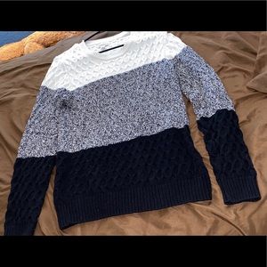 Knitted black, grey, and white, sweatshirt.
